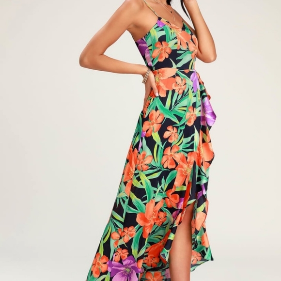Lulu's Vibrant Floral Maxi Dress - Orange, Green, Purple - Picture 3 of 16